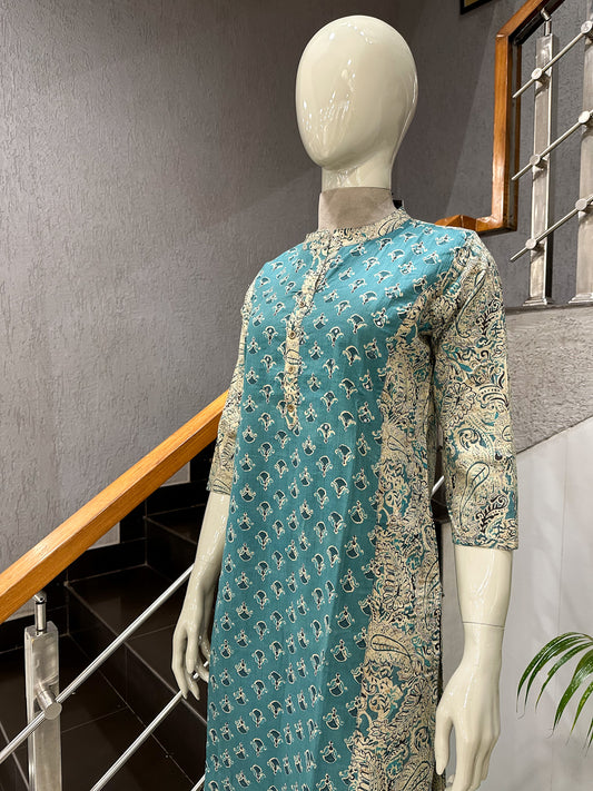 Teal Blue Premium Cotton Printed Straight Kurta for Women | Elegant Ethnic Daily Wear Kurti