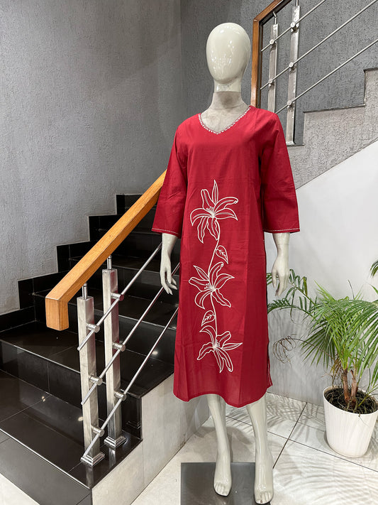Luxury Ruby Red Cotton Embroidered Straight Kurta for Women | Elegant Floral Ethnic Kurti