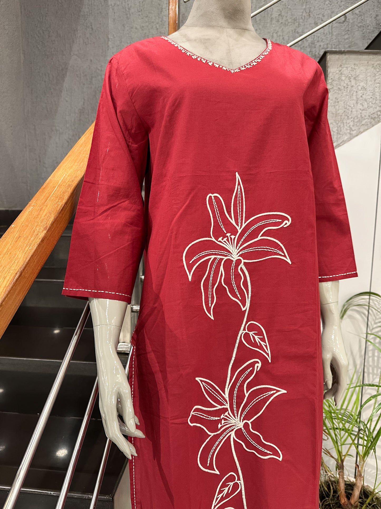 Luxury Ruby Red Cotton Embroidered Straight Kurta for Women | Elegant Floral Ethnic Kurti