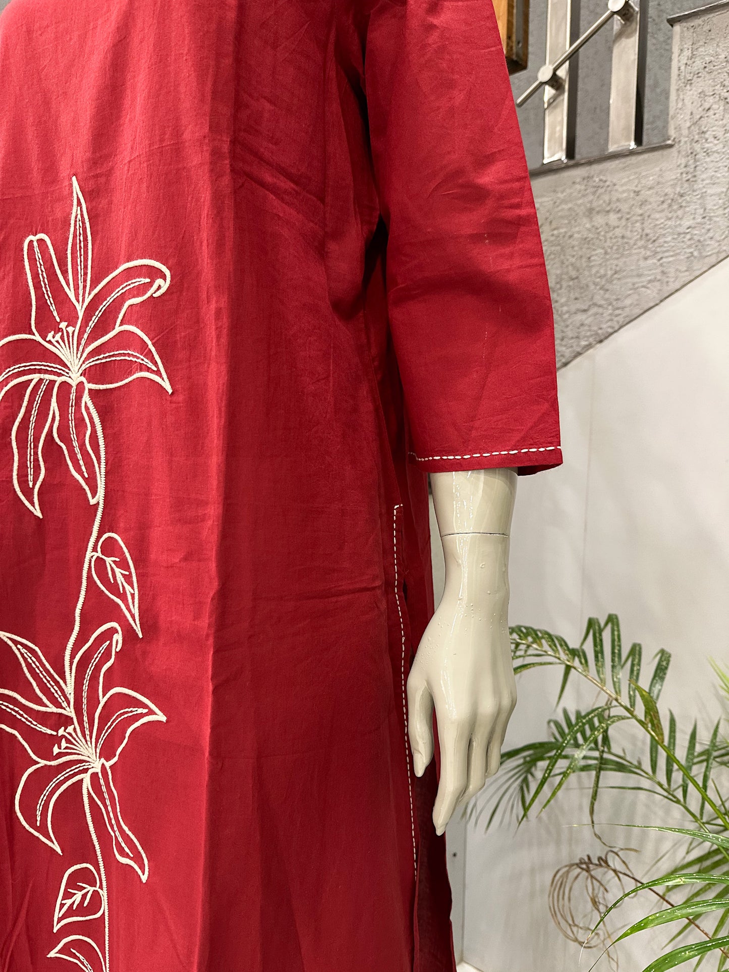 Luxury Ruby Red Cotton Embroidered Straight Kurta for Women | Elegant Floral Ethnic Kurti