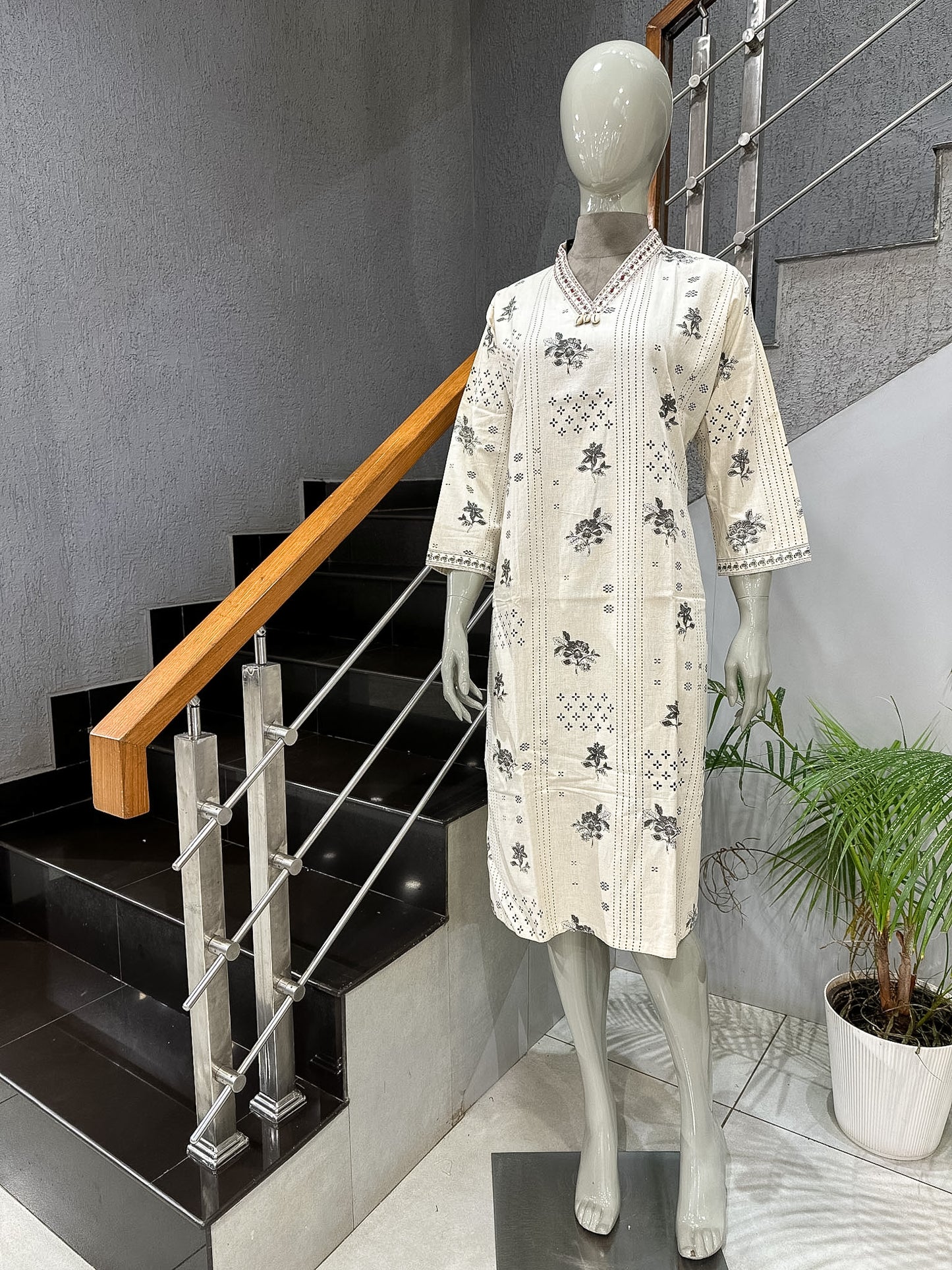 Premium Off White Cotton Printed Straight Kurta for Women | Elegant Floral Ethnic Kurti