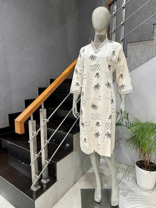 Premium Off White Cotton Printed Straight Kurta for Women | Elegant Floral Ethnic Kurti