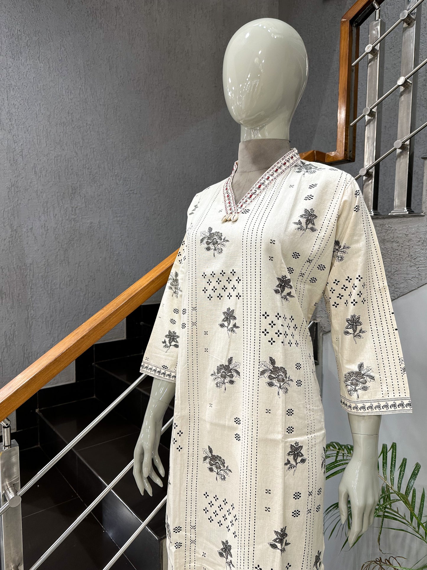 Premium Off White Cotton Printed Straight Kurta for Women | Elegant Floral Ethnic Kurti