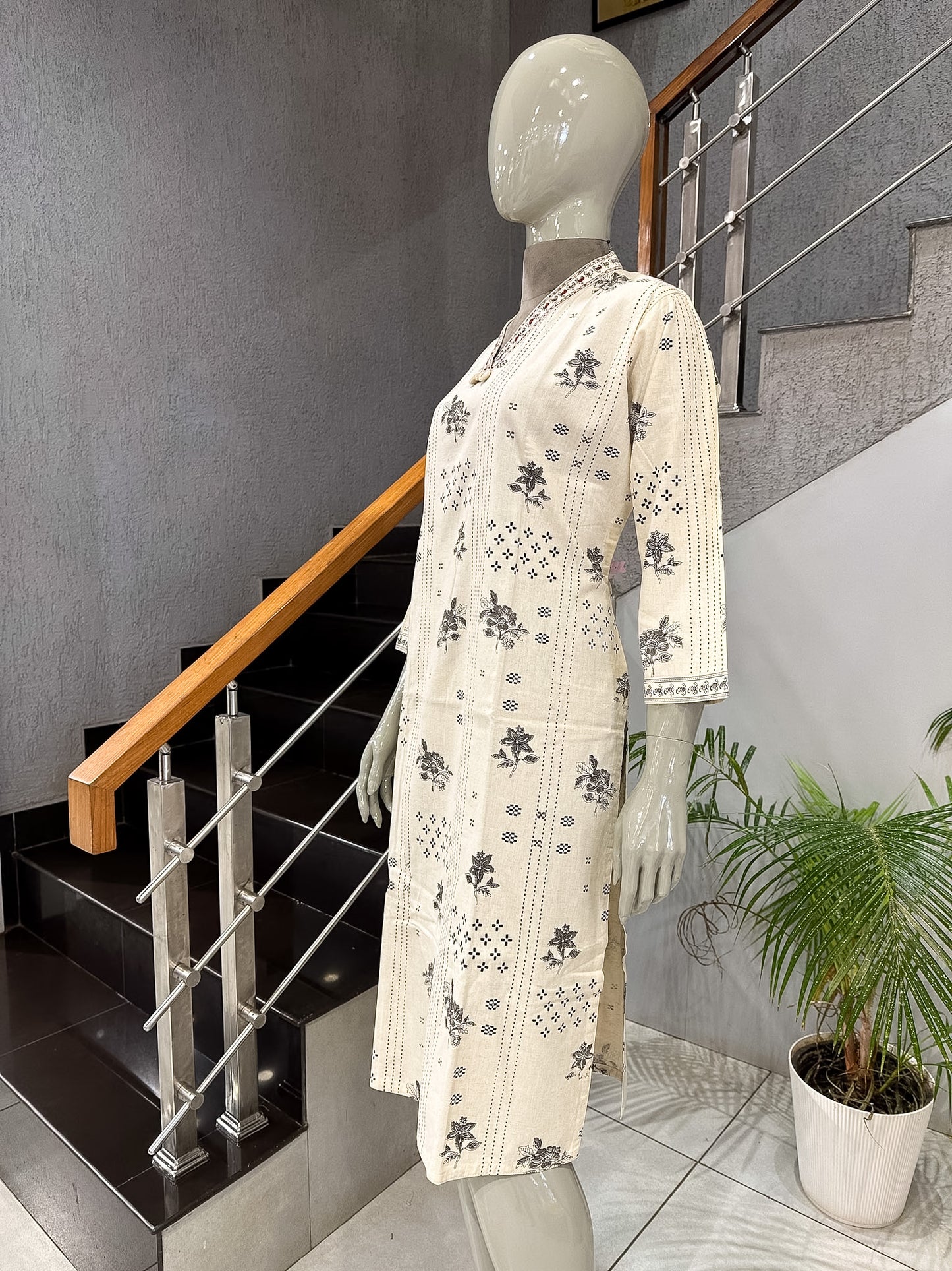 Premium Off White Cotton Printed Straight Kurta for Women | Elegant Floral Ethnic Kurti