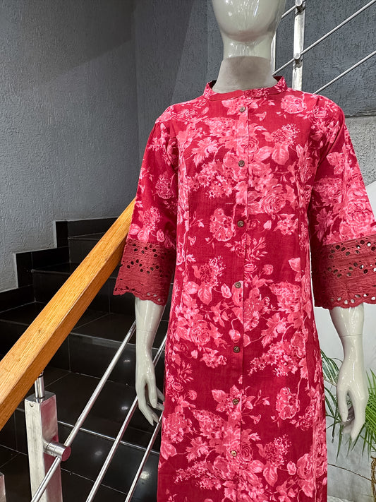 Premium Pink Floral Printed Cotton Straight Kurta for Women | Elegant Casual Ethnic Kurti