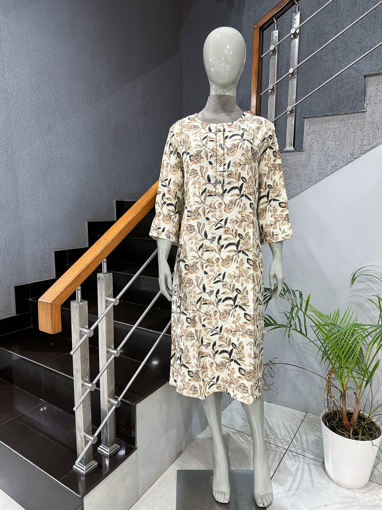 Elegant Beige Floral Printed Cotton Straight Kurta for Women | Premium Casual Ethnic Wear Kurti