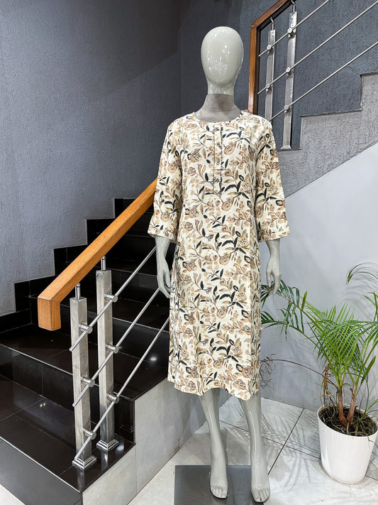 Elegant Beige Floral Printed Cotton Straight Kurta for Women | Premium Casual Ethnic Wear Kurti