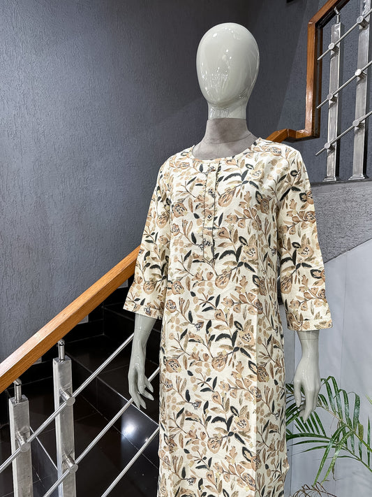 Elegant Beige Floral Printed Cotton Straight Kurta for Women | Premium Casual Ethnic Wear Kurti