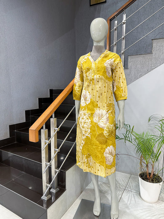 Designer Yellow Muslin Kurti for Women