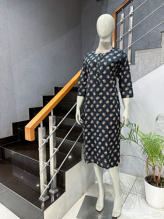 Black Floral Printed Cotton Straight Kurta for Women | Premium Casual Ethnic Wear Kurti