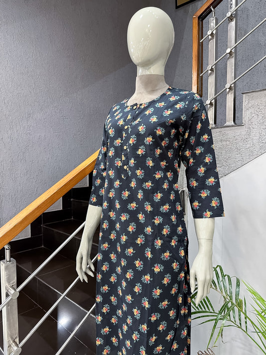 Black Floral Printed Cotton Straight Kurta for Women | Premium Casual Ethnic Wear Kurti