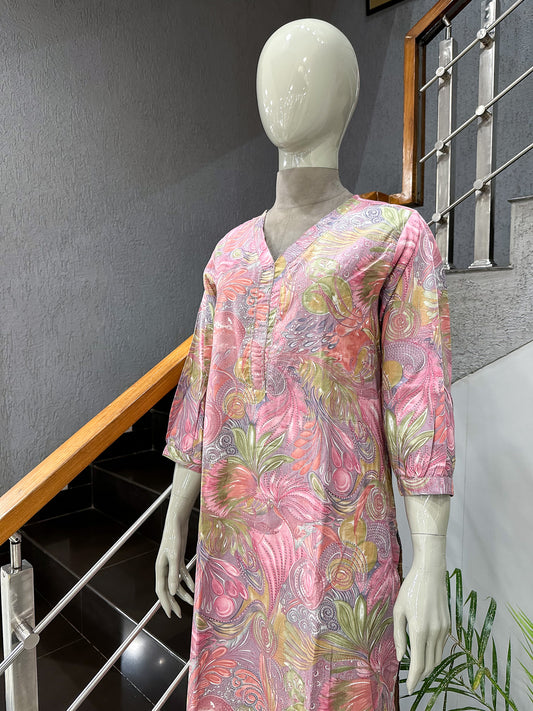 Pink Muslin Ethnic Kurta for Women