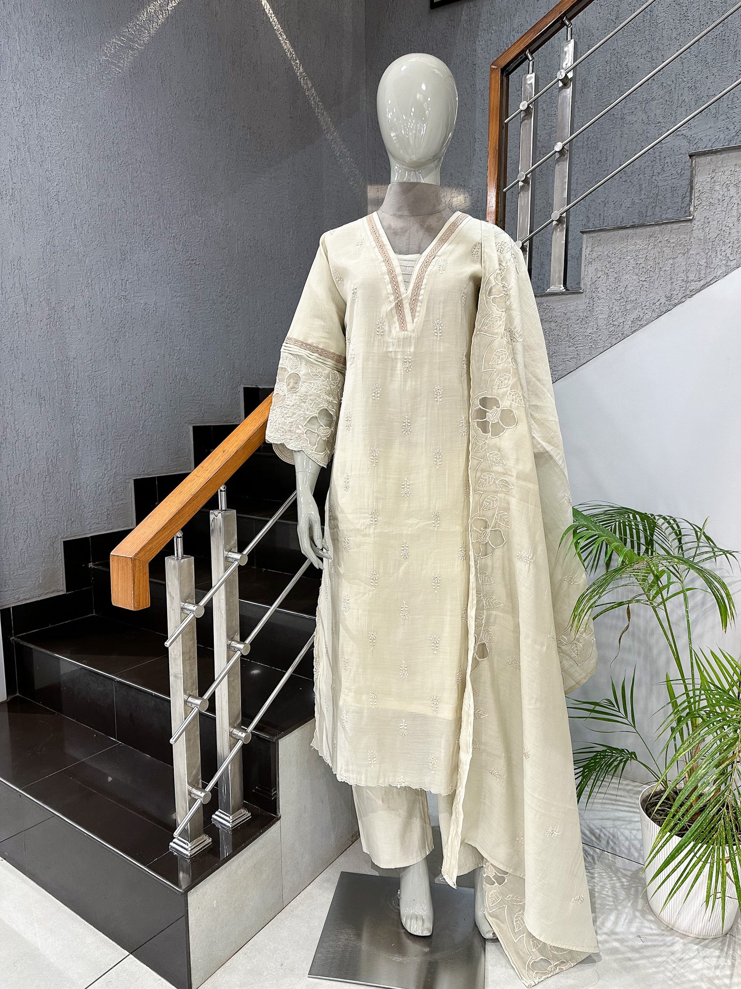 Cream Mul Chanderi Party Wear CHURIDAR Set with Embroidered Dupatta | Premium Ethnic Wear for Women