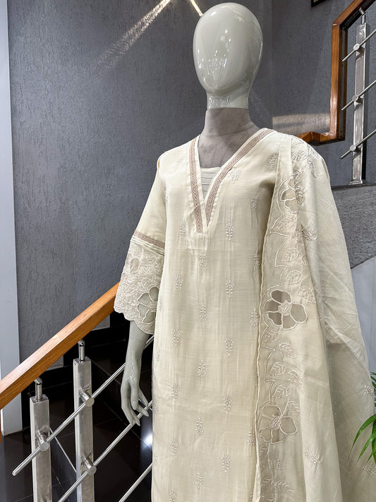 Cream Mul Chanderi Party Wear CHURIDAR Set with Embroidered Dupatta | Premium Ethnic Wear for Women
