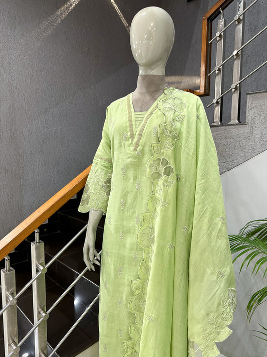 Pista Green Mul Chanderi Party Wear CHURIDAR Set with Embroidered Dupatta | Premium Ethnic Wear for Women
