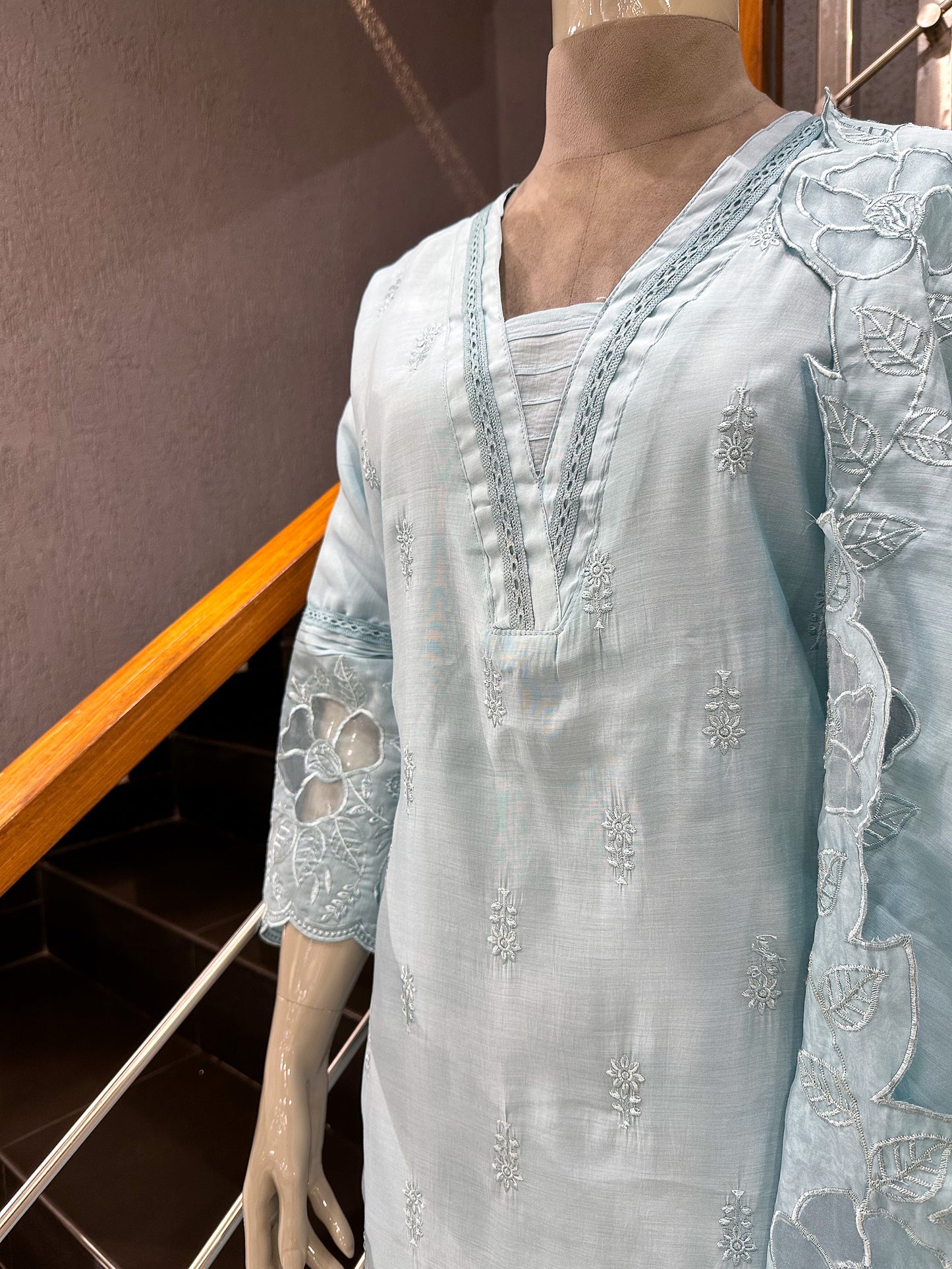 Powder Blue Mul Chanderi Party Wear CHURIDAR Set with Embroidered Dupatta | Premium Women’s Ethnic Wear