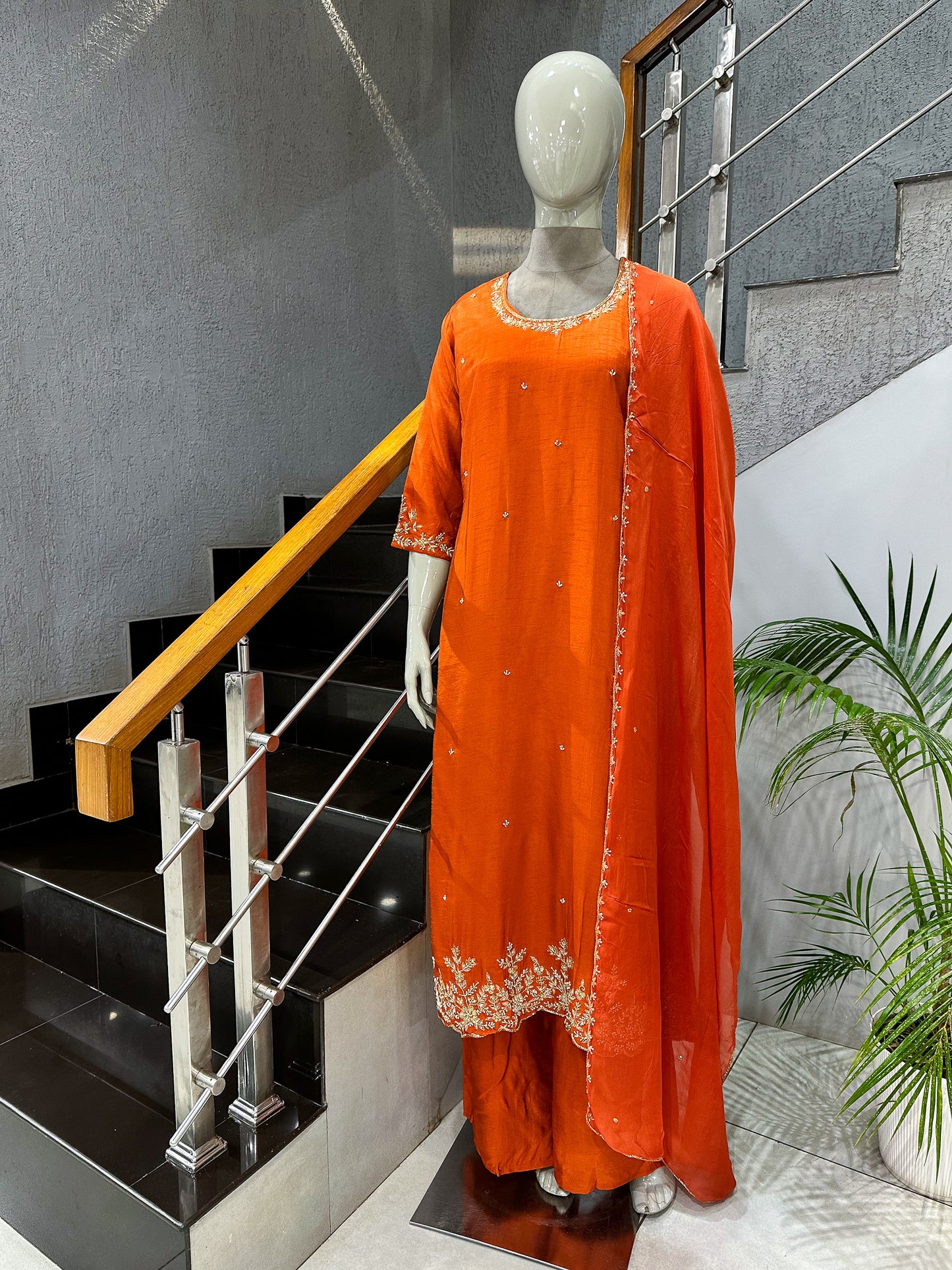 Luxury Orange Dola Silk Party Wear Anarkali Set with Organza Dupatta & Embroidery Work | Premium Women’s Ethnic Wear