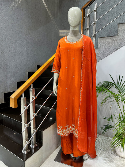 Luxury Orange Dola Silk Party Wear Anarkali Set with Organza Dupatta & Embroidery Work | Premium Women’s Ethnic Wear