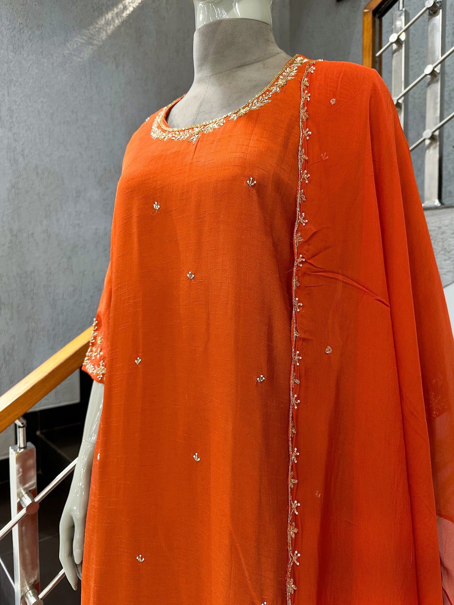 Luxury Orange Dola Silk Party Wear Anarkali Set with Organza Dupatta & Embroidery Work | Premium Women’s Ethnic Wear