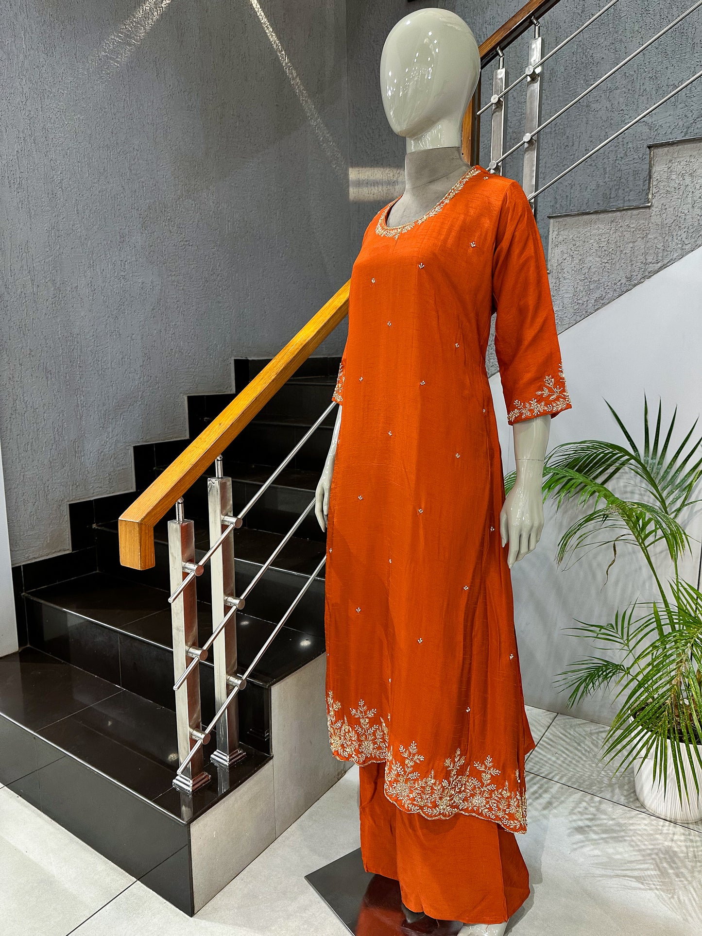 Luxury Orange Dola Silk Party Wear Anarkali Set with Organza Dupatta & Embroidery Work | Premium Women’s Ethnic Wear