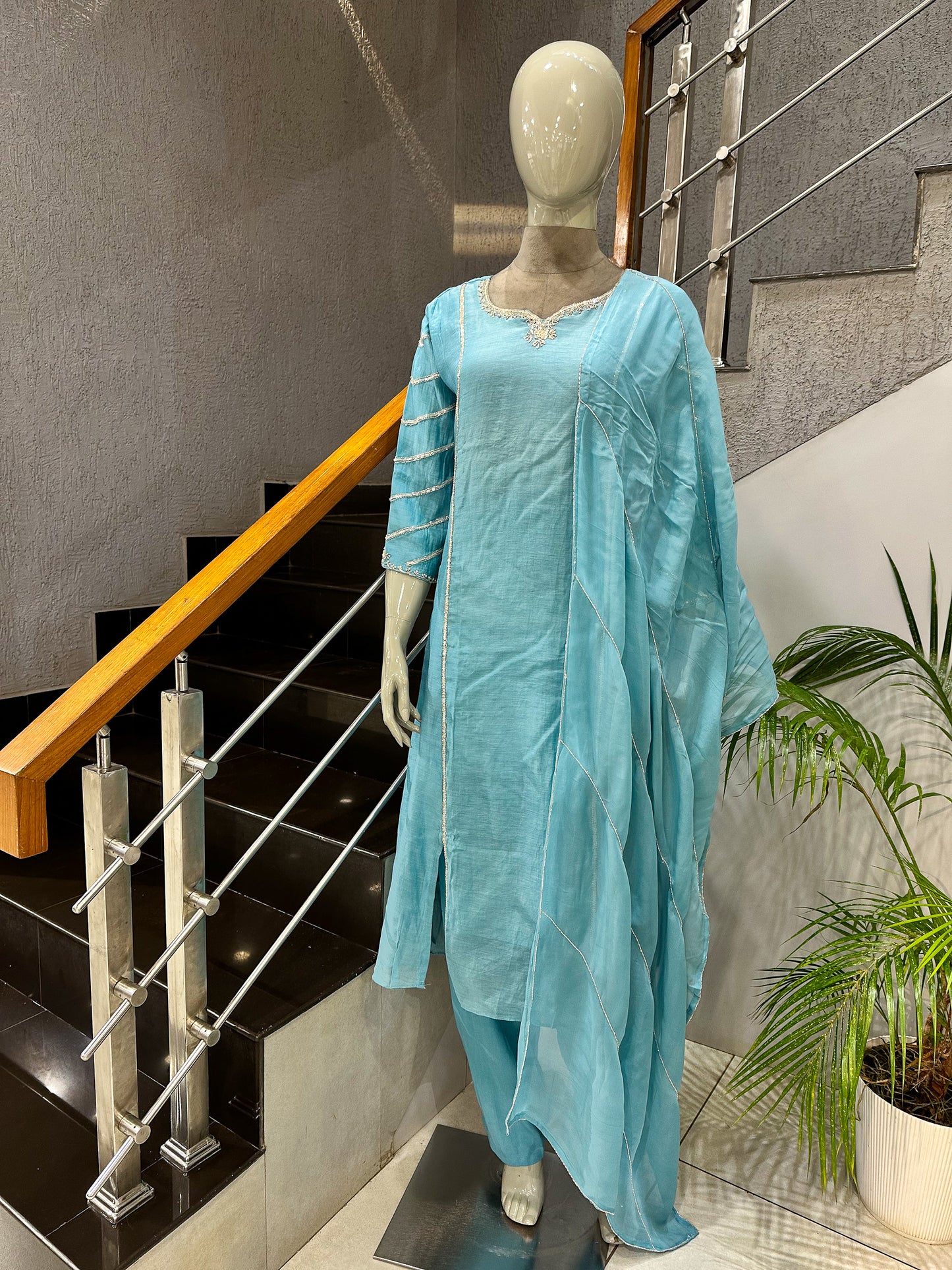 Premium Sky Blue Mul Cotton Party Wear Anarkali Set with Organza Dupatta | Elegant Women’s Ethnic Wear
