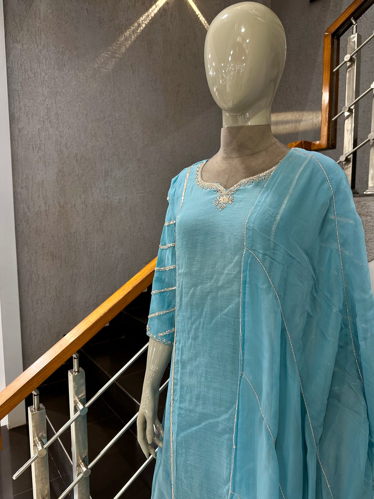 Premium Sky Blue Mul Cotton Party Wear Anarkali Set with Organza Dupatta | Elegant Women’s Ethnic Wear