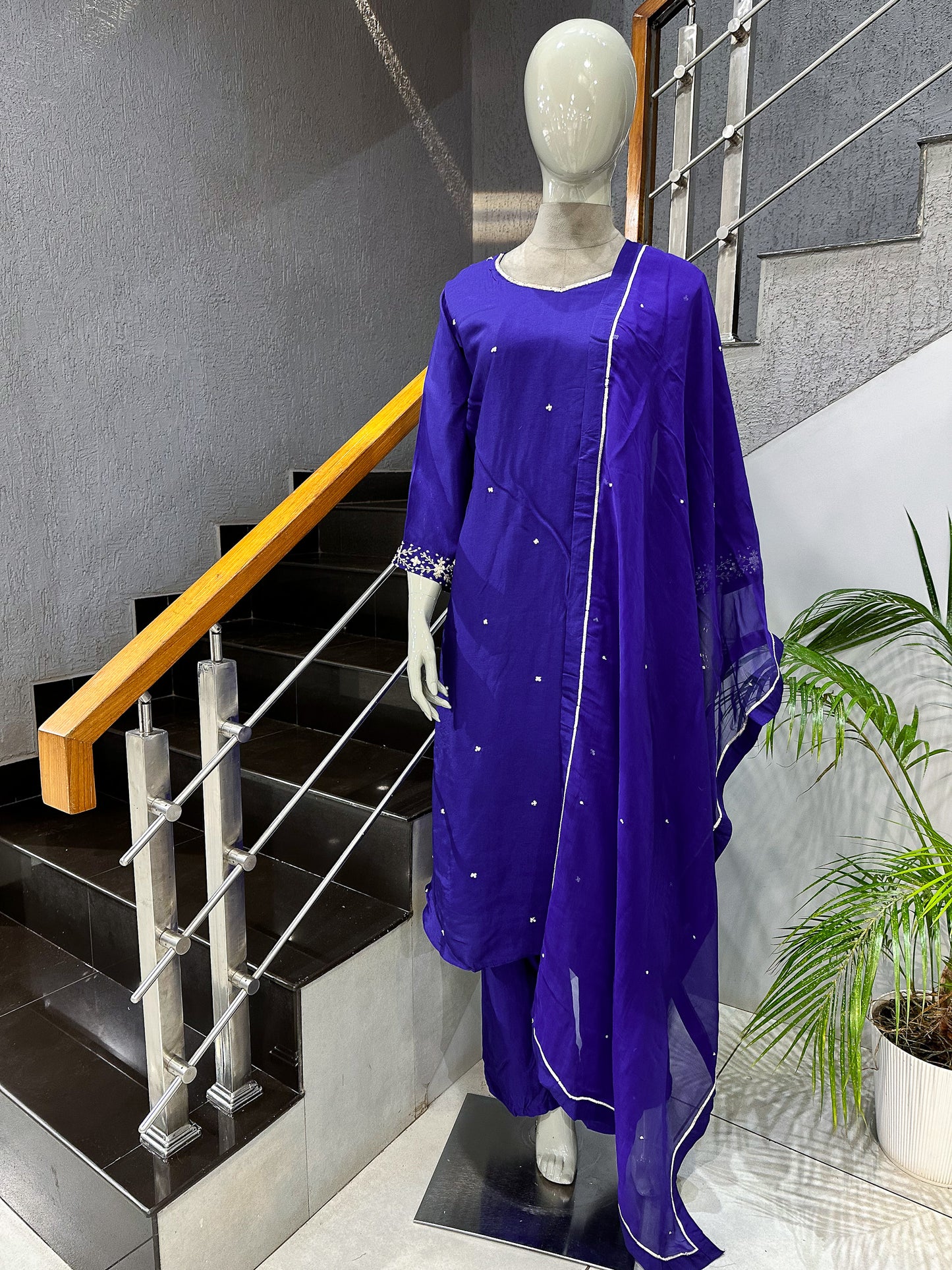 Royal Blue Russian Silk Party Wear Anarkali Set with Organza Dupatta | Premium Women’s Ethnic Wear