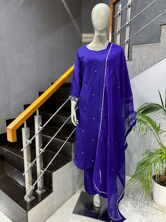 Royal Blue Russian Silk Party Wear Anarkali Set with Organza Dupatta | Premium Women’s Ethnic Wear
