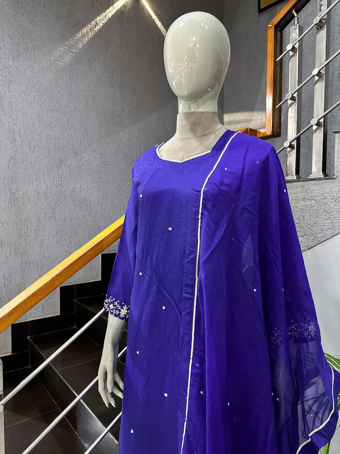 Royal Blue Russian Silk Party Wear Anarkali Set with Organza Dupatta | Premium Women’s Ethnic Wear