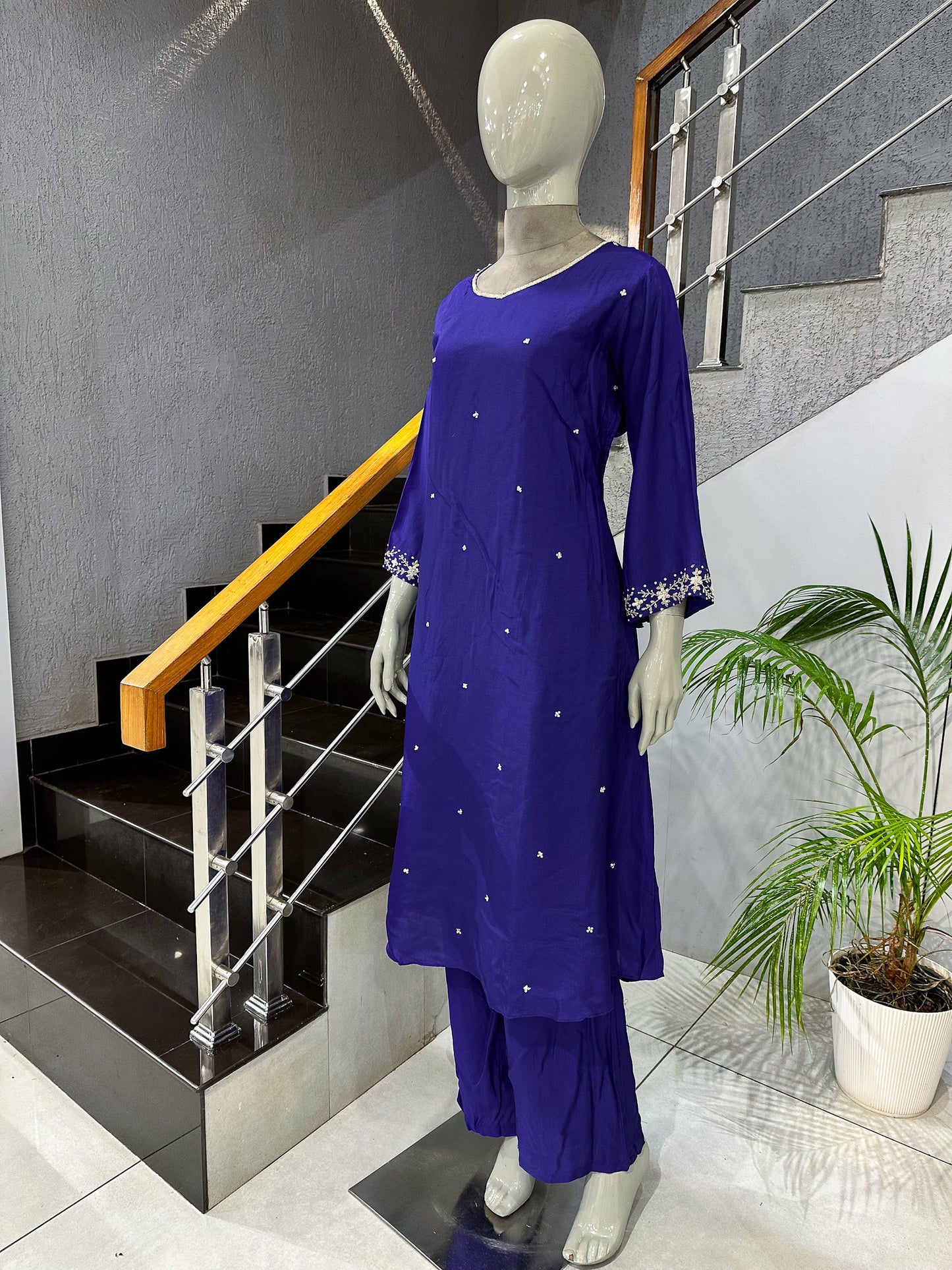 Royal Blue Russian Silk Party Wear Anarkali Set with Organza Dupatta | Premium Women’s Ethnic Wear