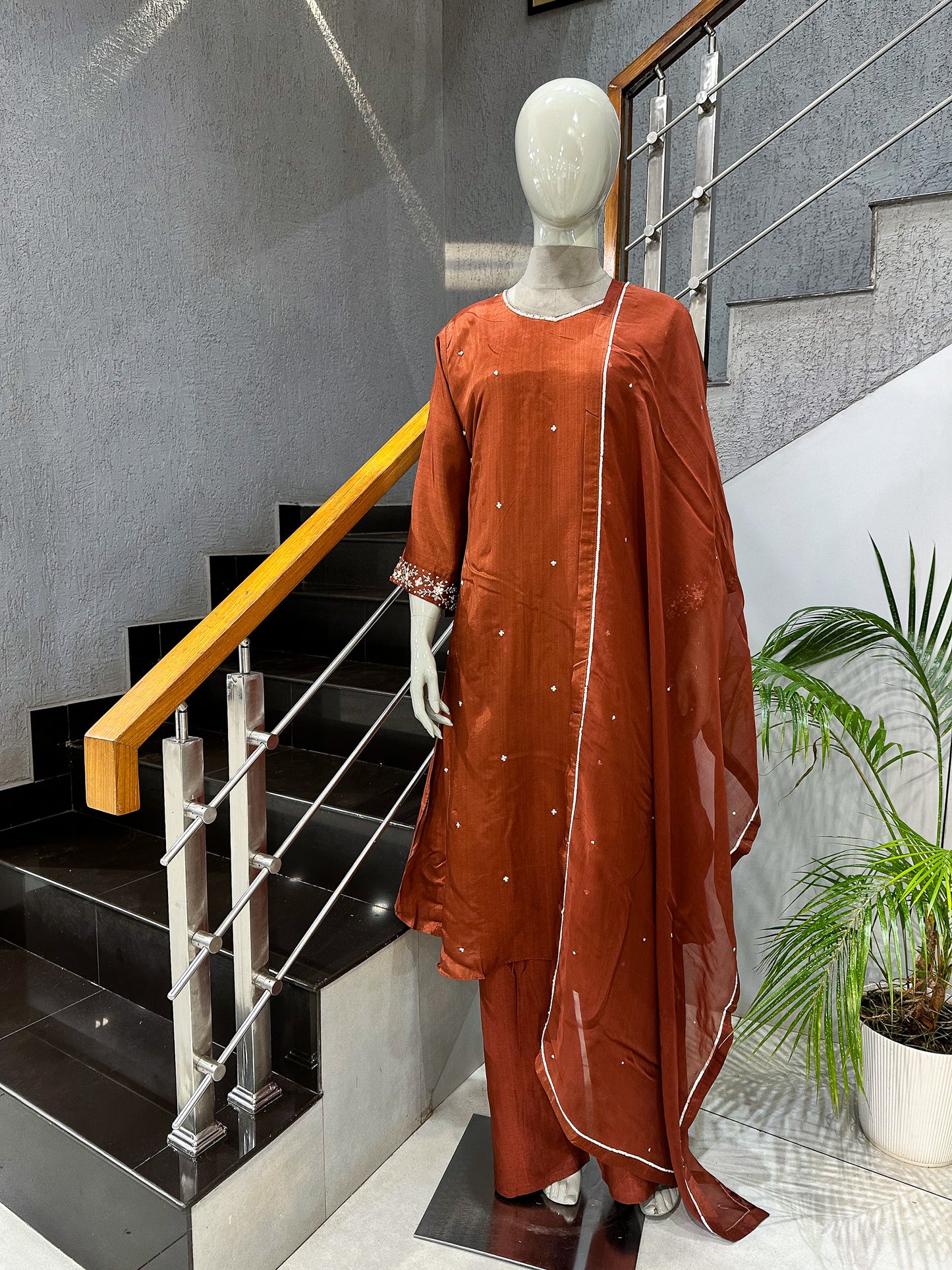 Rust Brown Russian Silk Party Wear Anarkali Set with Organza Dupatta | Premium Ethnic Wear for Women