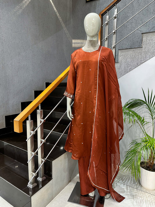Rust Brown Russian Silk Party Wear Anarkali Set with Organza Dupatta | Premium Ethnic Wear for Women
