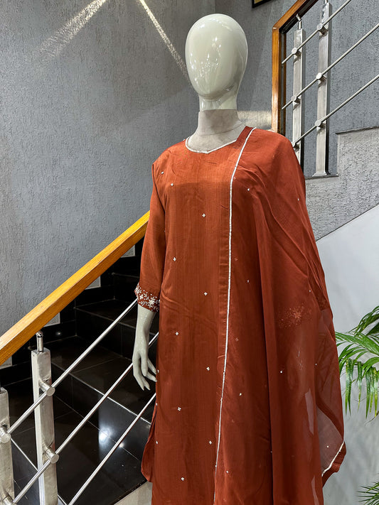 Rust Brown Russian Silk Party Wear Anarkali Set with Organza Dupatta | Premium Ethnic Wear for Women