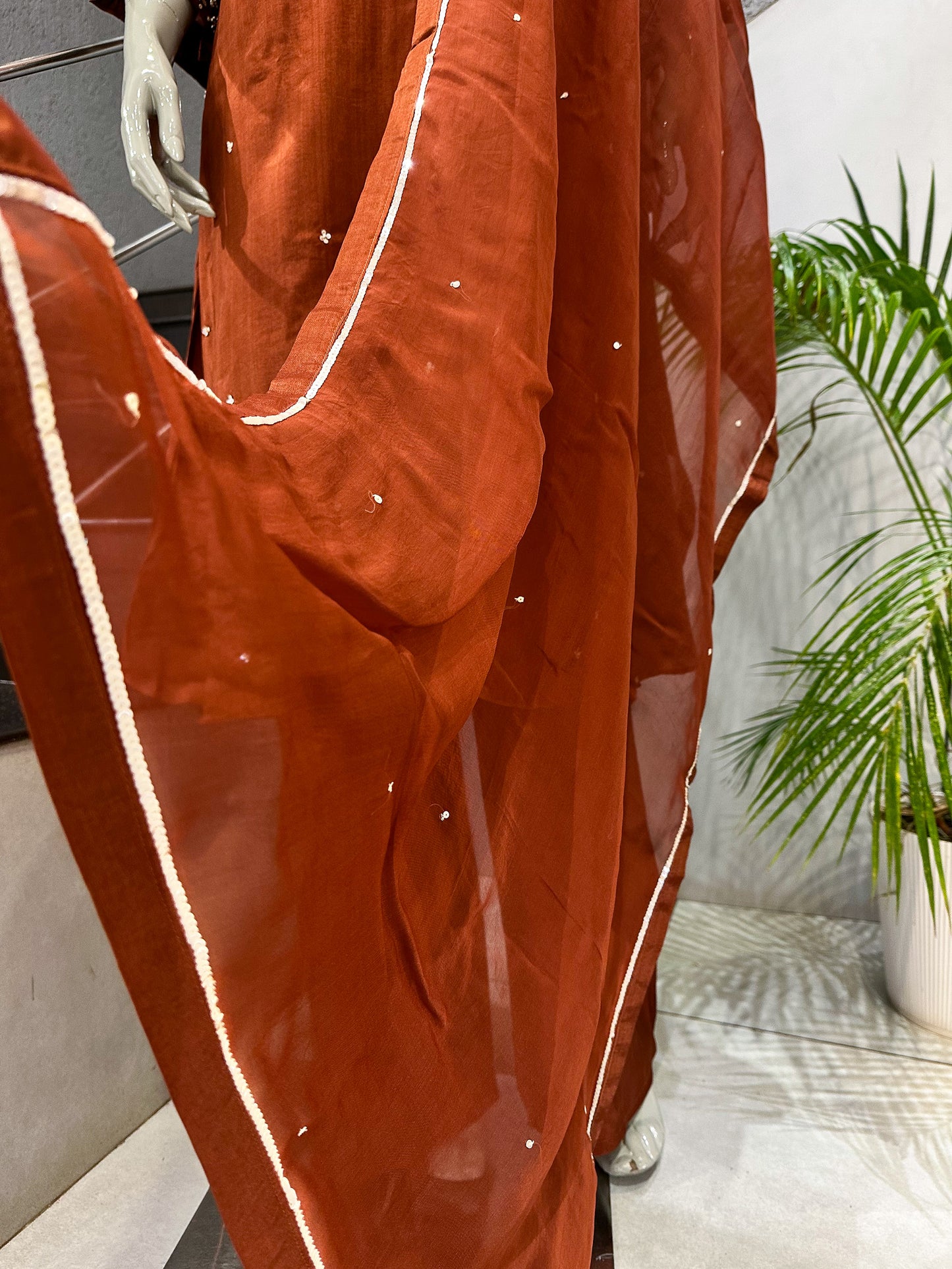Rust Brown Russian Silk Party Wear Anarkali Set with Organza Dupatta | Premium Ethnic Wear for Women