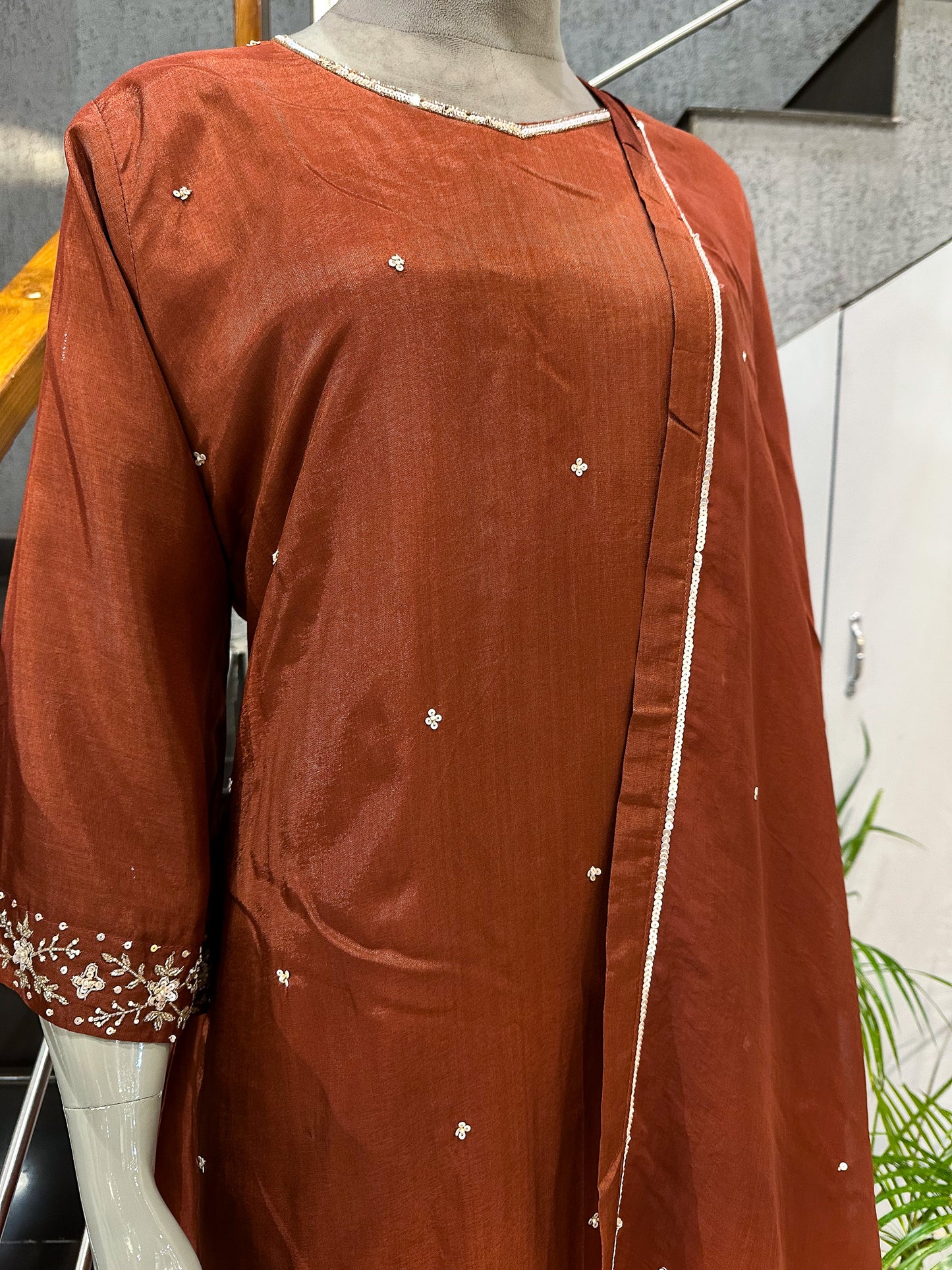 Rust Brown Russian Silk Party Wear Anarkali Set with Organza Dupatta | Premium Ethnic Wear for Women