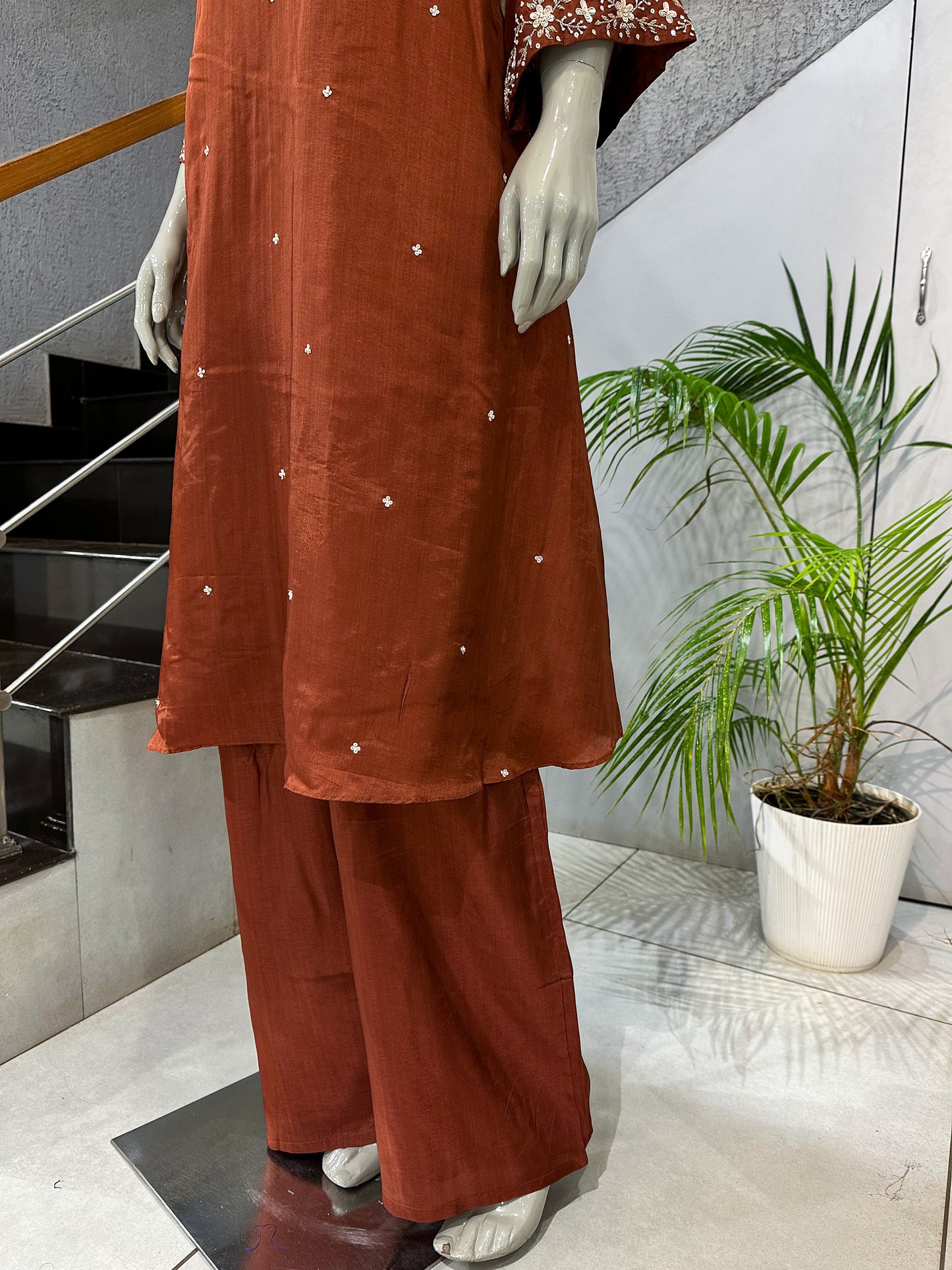 Rust Brown Russian Silk Party Wear Anarkali Set with Organza Dupatta | Premium Ethnic Wear for Women