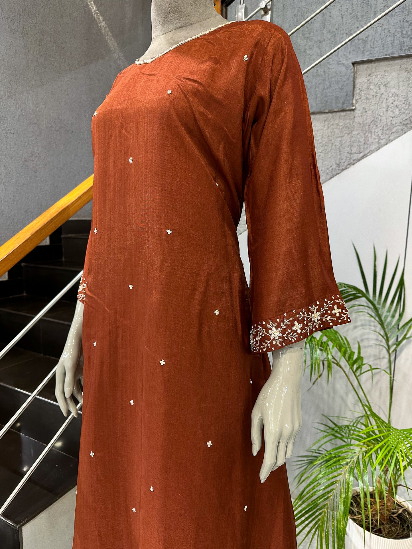 Rust Brown Russian Silk Party Wear Anarkali Set with Organza Dupatta | Premium Ethnic Wear for Women