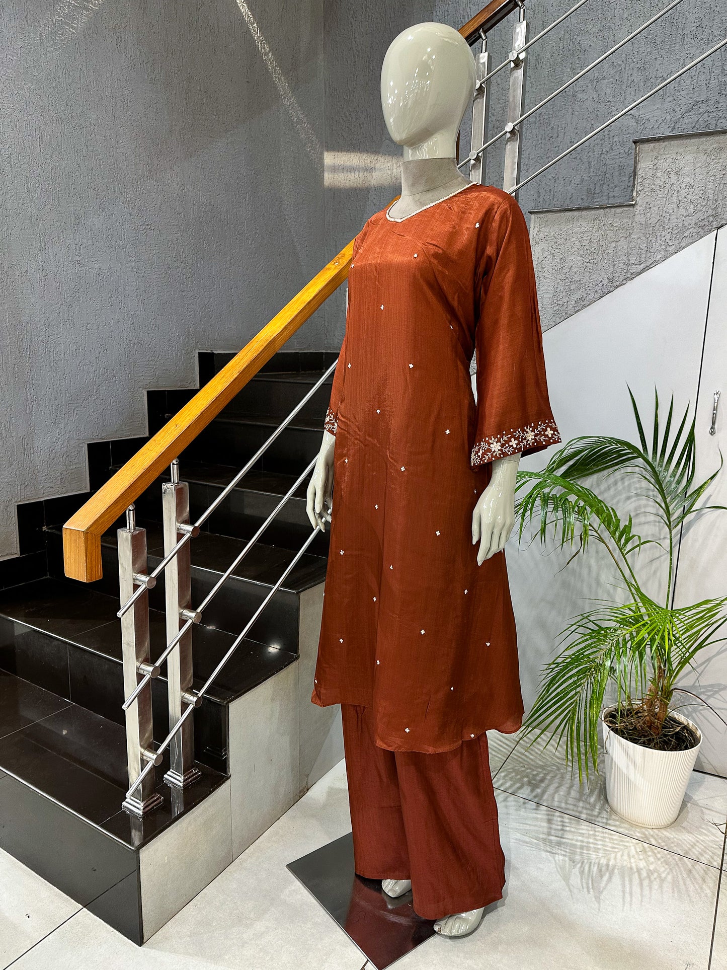 Rust Brown Russian Silk Party Wear Anarkali Set with Organza Dupatta | Premium Ethnic Wear for Women