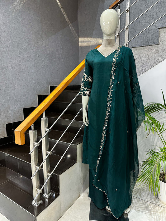 Emerald Green Dola Silk Party Wear Anarkali Set with Organza Dupatta & Embroidery Work | Premium Women’s Ethnic Wear
