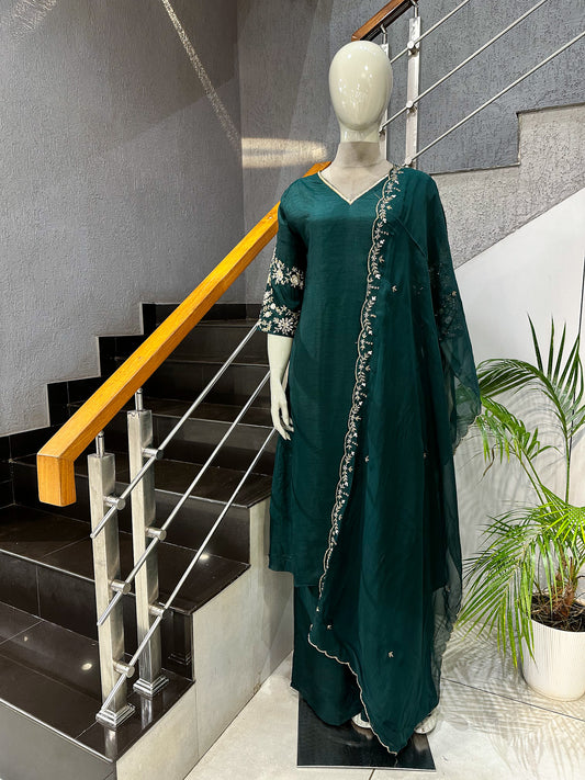 Emerald Green Dola Silk Party Wear Anarkali Set with Organza Dupatta & Embroidery Work | Premium Women’s Ethnic Wear