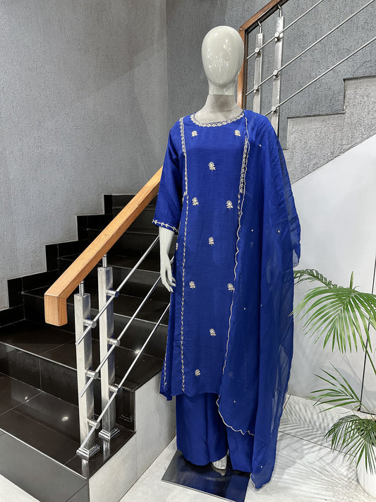 Royal Blue Dola Silk Party Wear Churidar Set with Organza Dupatta & Embroidery Work | Luxury Ethnic Wear for Women