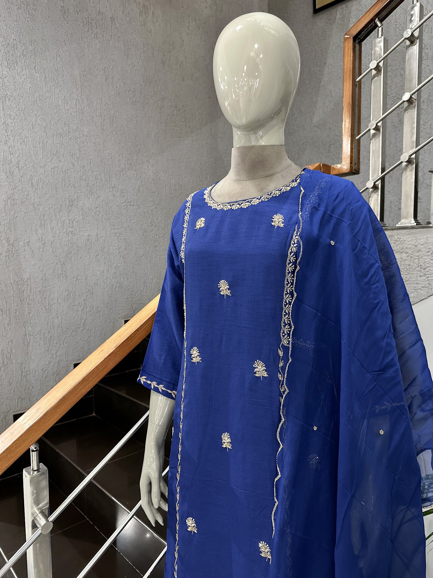 Royal Blue Dola Silk Party Wear Churidar Set with Organza Dupatta & Embroidery Work | Luxury Ethnic Wear for Women