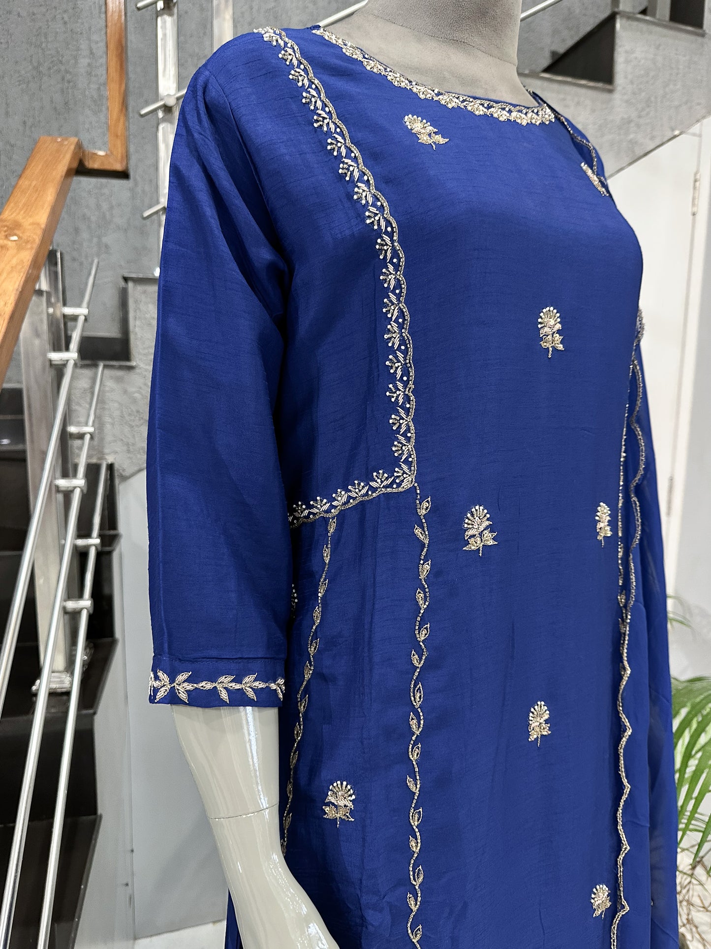 Royal Blue Dola Silk Party Wear Churidar Set with Organza Dupatta & Embroidery Work | Luxury Ethnic Wear for Women