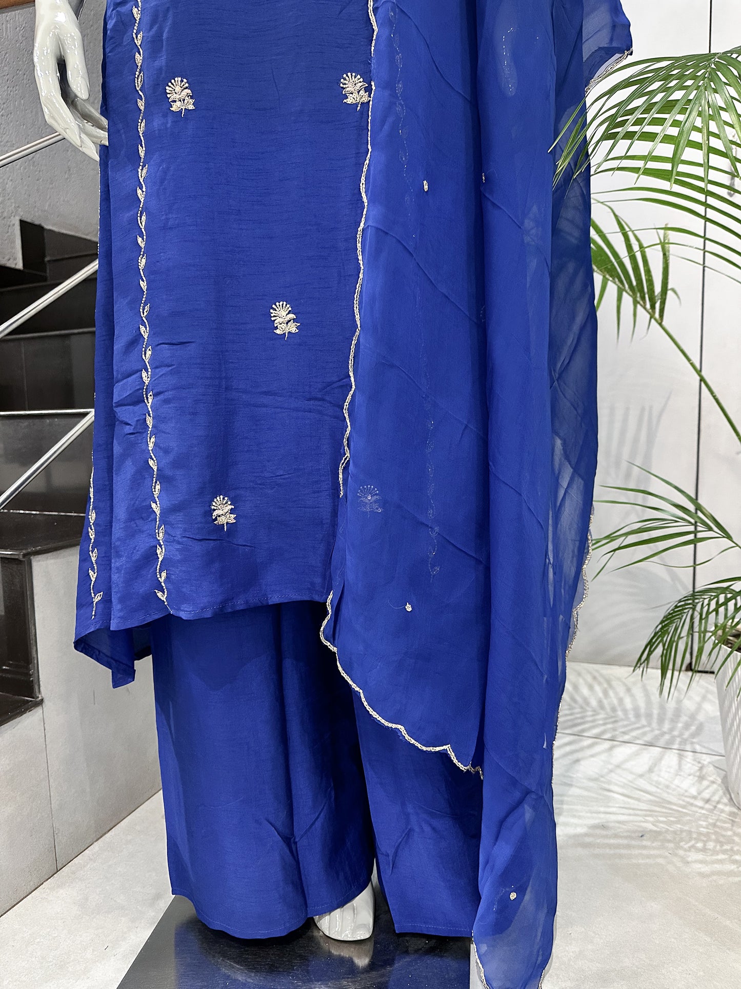 Royal Blue Dola Silk Party Wear Churidar Set with Organza Dupatta & Embroidery Work | Luxury Ethnic Wear for Women