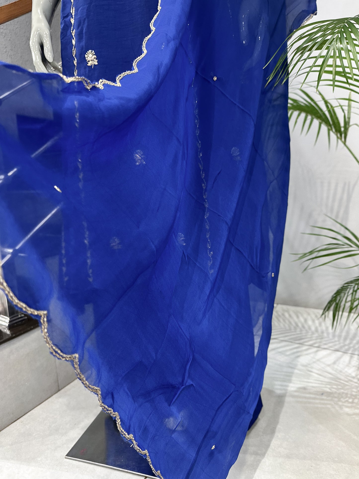 Royal Blue Dola Silk Party Wear Churidar Set with Organza Dupatta & Embroidery Work | Luxury Ethnic Wear for Women