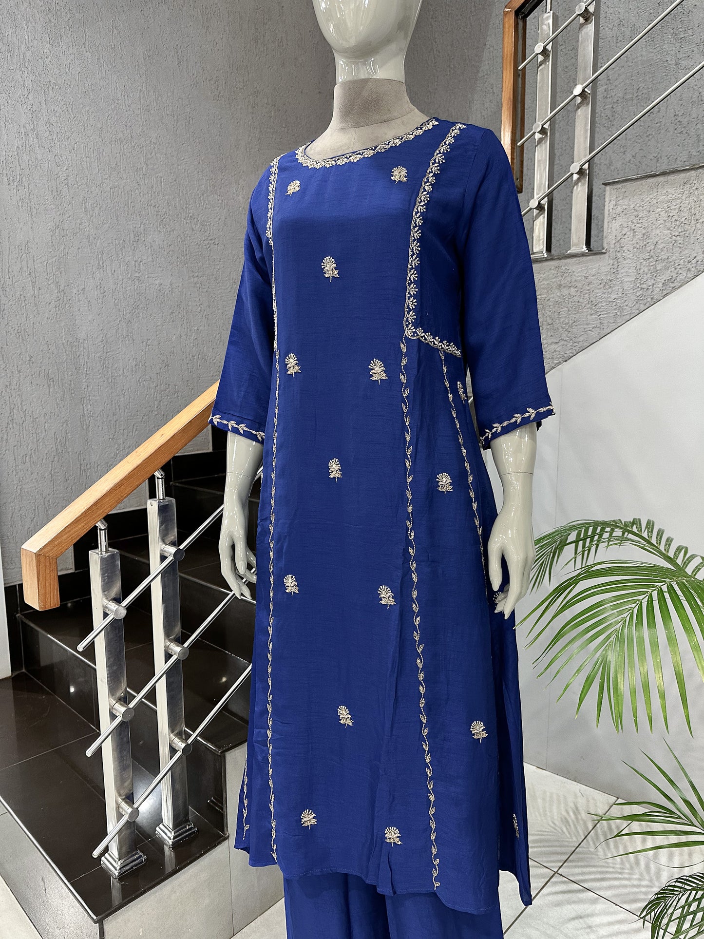 Royal Blue Dola Silk Party Wear Churidar Set with Organza Dupatta & Embroidery Work | Luxury Ethnic Wear for Women
