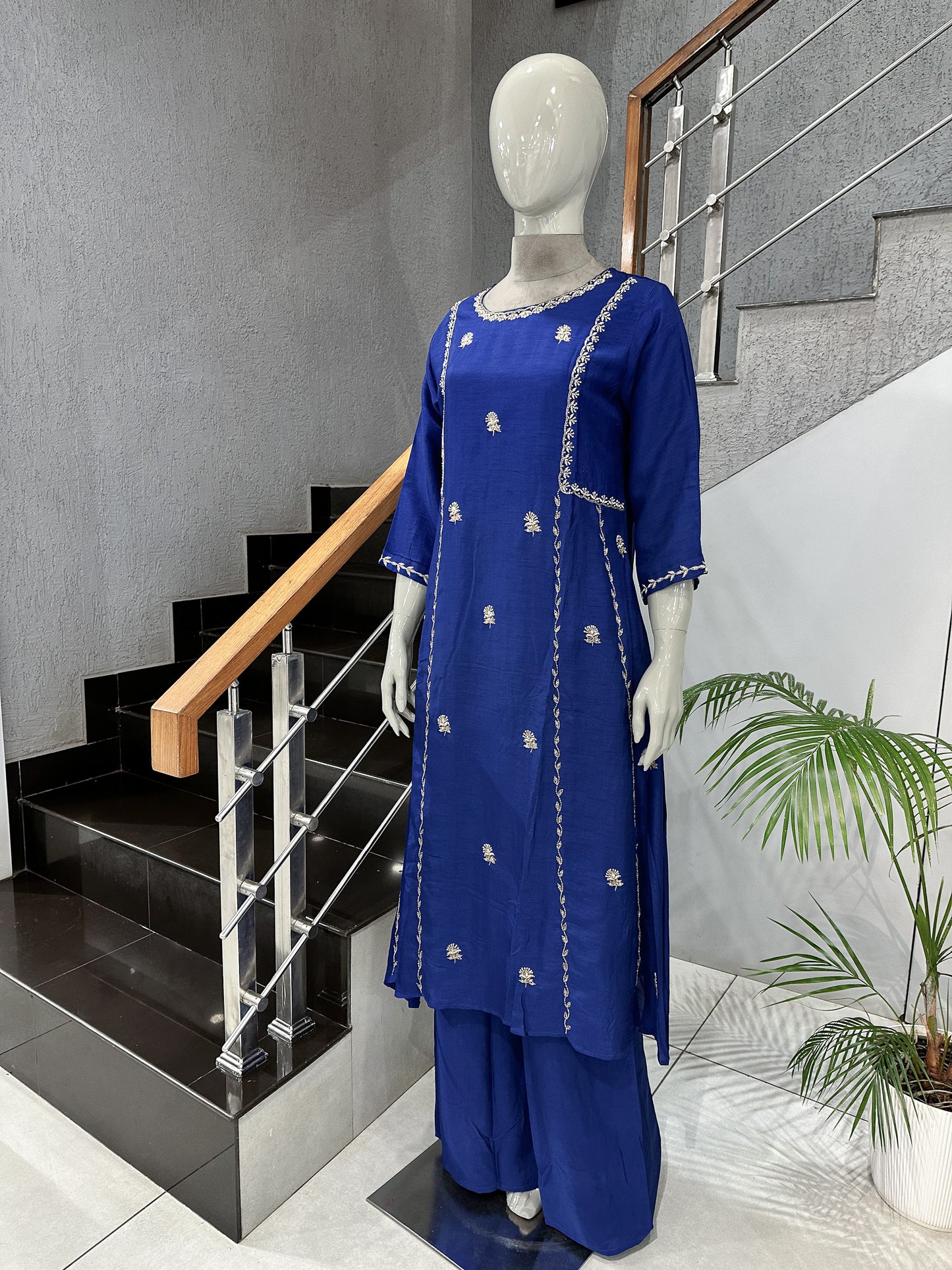 Royal Blue Dola Silk Party Wear Churidar Set with Organza Dupatta & Embroidery Work | Luxury Ethnic Wear for Women