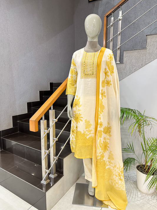 Premium Ivory Yellow Cotton Churidar Set with Floral Dupatta & Mirror Neck Work | Elegant Daily Wear Ethnic Suit for Women