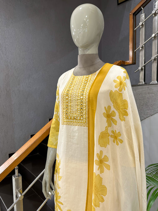 Premium Ivory Yellow Cotton Churidar Set with Floral Dupatta & Mirror Neck Work | Elegant Daily Wear Ethnic Suit for Women