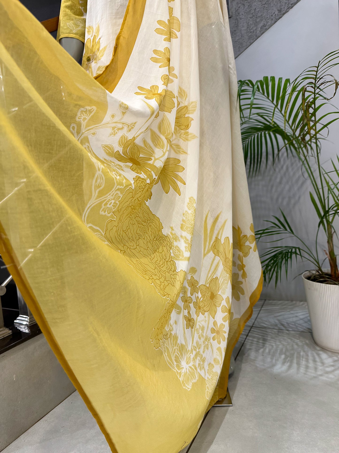 Premium Ivory Yellow Cotton Churidar Set with Floral Dupatta & Mirror Neck Work | Elegant Daily Wear Ethnic Suit for Women